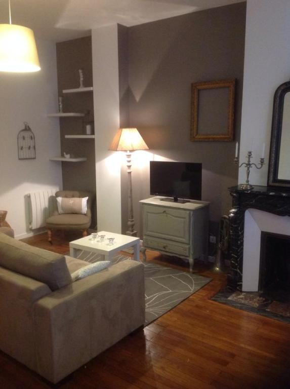 uma sala de estar com um sofá e uma televisão em Chez Eudoxe em Orléans