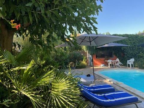 een groep blauwe stoelen en een parasol naast een zwembad bij GITES - Mas Saint-Louis in Aigues-Mortes