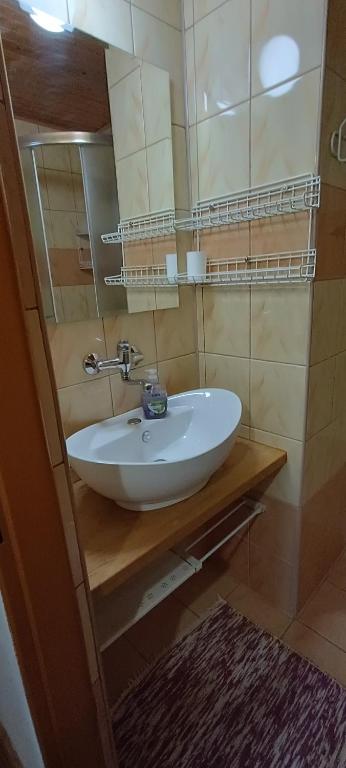 a bathroom with a white sink and a mirror at Apartmány Grobarčík in Zuberec