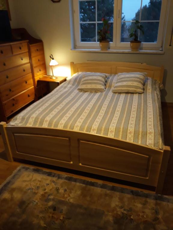 ein Bett mit zwei Kissen darauf in einem Schlafzimmer in der Unterkunft Appartment Bawaria in Cieszyn