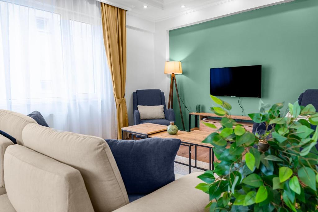 伊斯坦堡的住宿－Bright & Cozy 2BR Located In The Heart Of Living，带沙发和电视的客厅