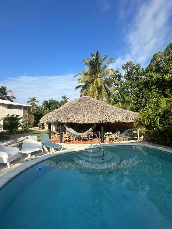 una piscina con una cabaña de paja y sillas en El Rincon de Abi, en Las Terrenas