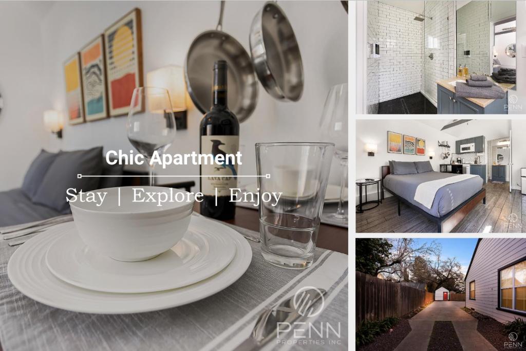 un collage de fotos con una botella de vino y una copa en Chic Chico Apartment Nearby The Park, Downtown,and Hospital, en Chico