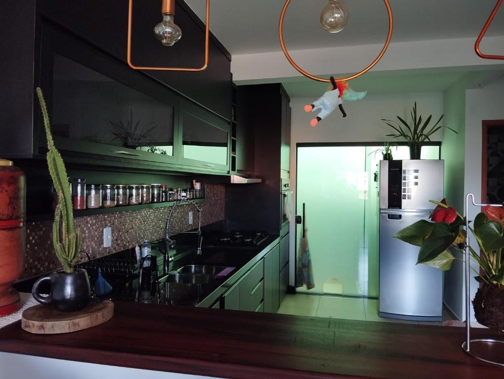 a kitchen with green cabinets and a toy monkey hanging from the ceiling at Aconchego nas Montanhas in São Thomé das Letras