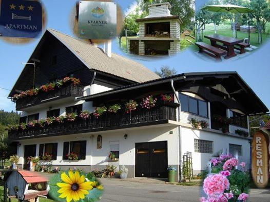 een collage van foto's van een gebouw met bloemen bij Apartment Resman in Tršće