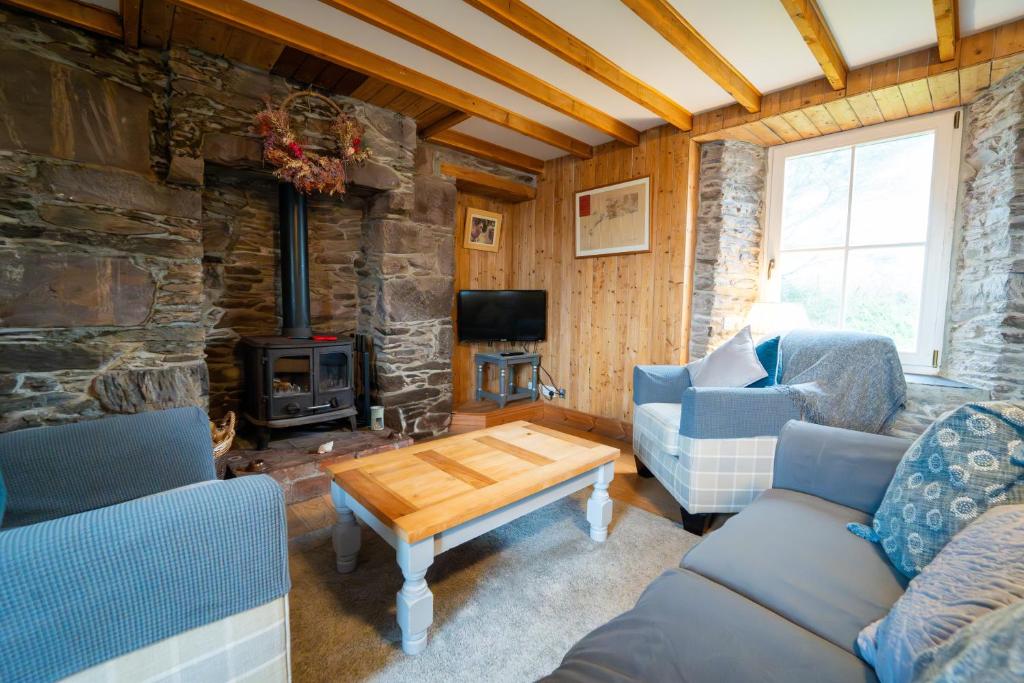 uma sala de estar com um sofá e uma lareira em Brosnan's Cottage em Dingle