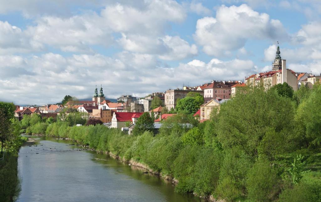 a river with a city in the background at Apartament w Dworku pod Twierdzą in Kłodzko