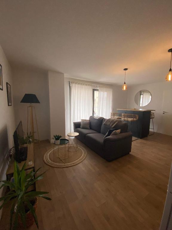 un salon avec un canapé et une table dans l'établissement Appartement cosy avec Parking bordeaux, à Bordeaux