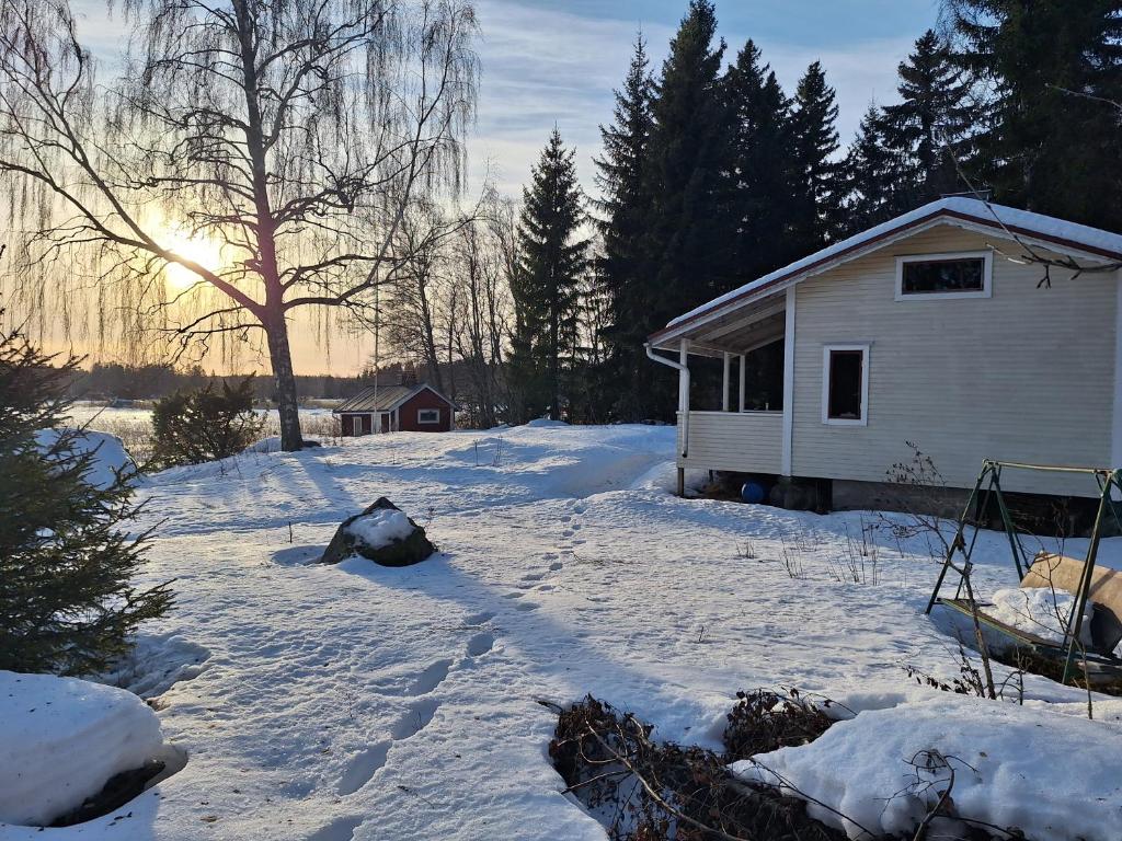 a snow covered yard with a house and trees at Summer House with Sauna on Beautiful Island 
