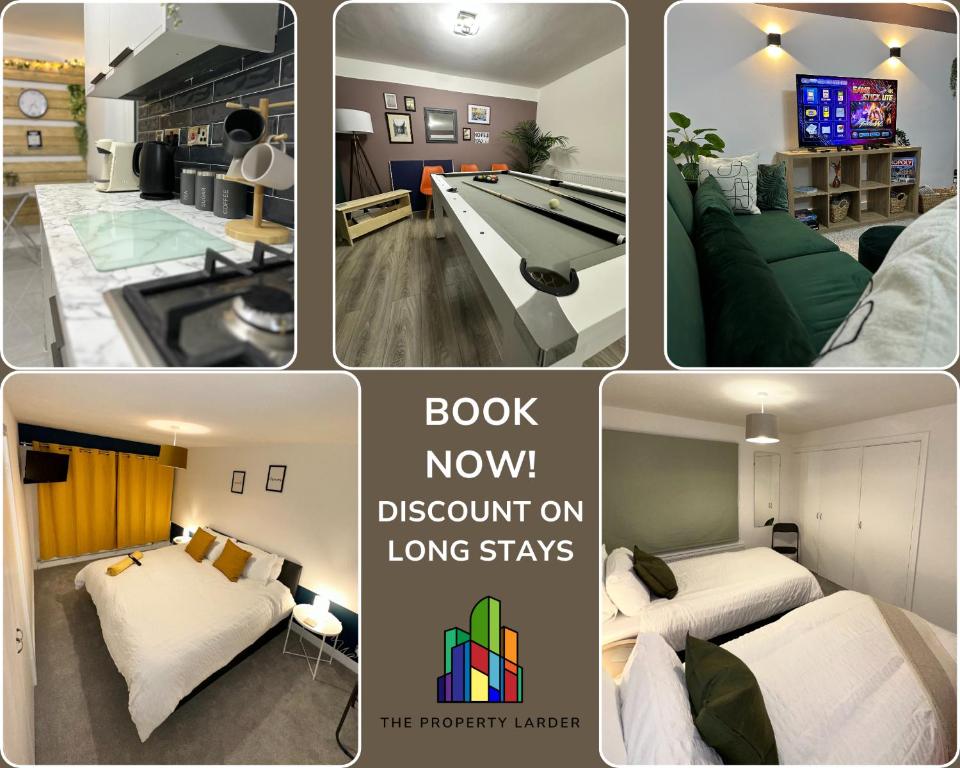 a collage of pictures of a room with a pool table at Harrys Home - Weekly & Monthly Offers - Near NEC - Contractors & Business professionals - 2 Parking spaces - 4 Large Bedrooms & 2 Bathrooms - Pool - Table Tennis - Darts - Games console in Wyken