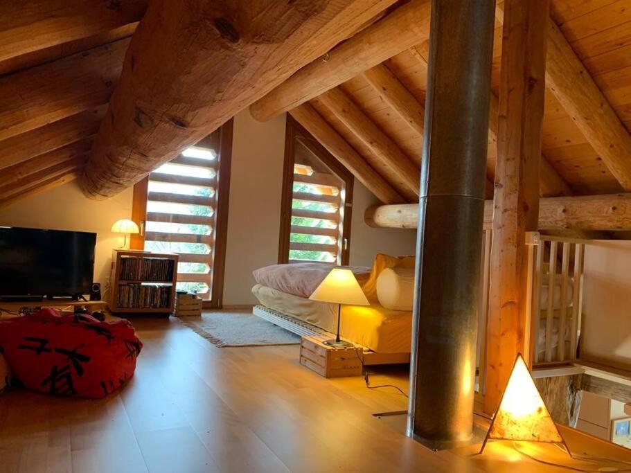a living room with a vaulted ceilings and a room with a television at Rustico Valgrazia in Molare