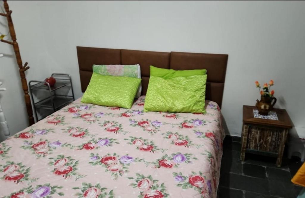 a bedroom with a bed with green pillows at Na Praia - Cicb - Setor de Clubes Sul in Barra de São Miguel