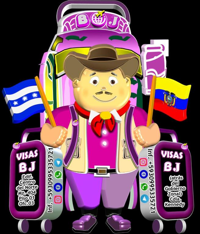 Un cartone animato di un uomo con un cappello e una valigia di HOTEL ECUAHOGAR a Guayaquil