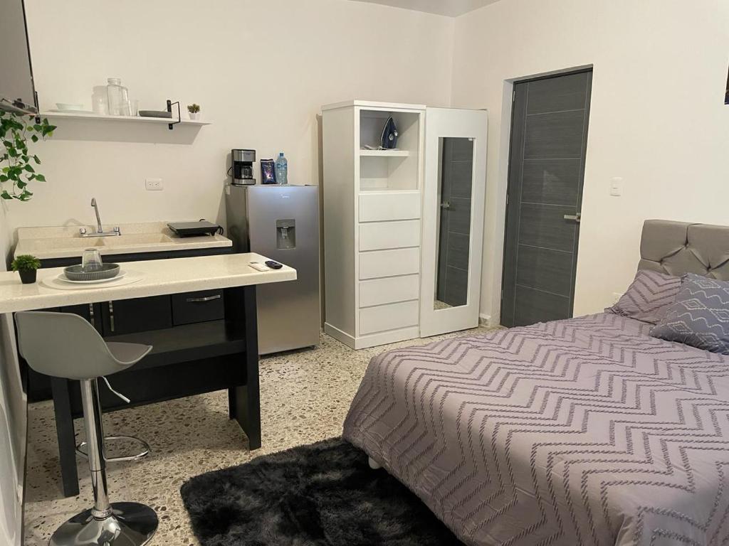 - une chambre avec un lit, un bureau et un lavabo dans l'établissement Loft en Zona Tec, à Monterrey