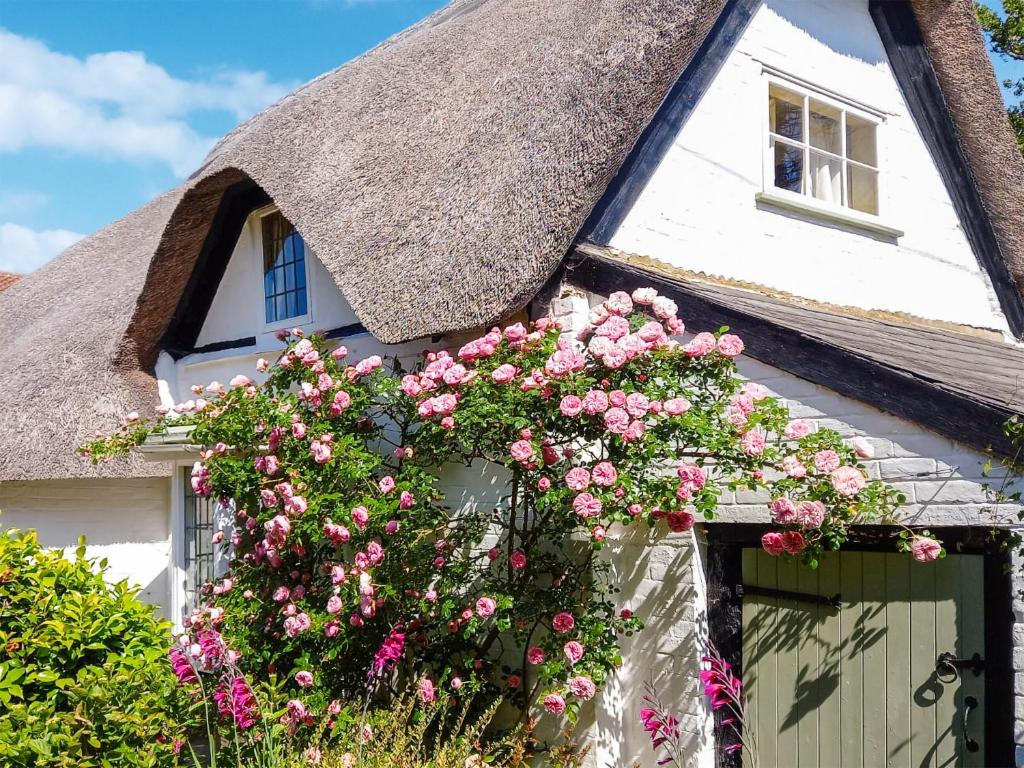 新米爾頓的住宿－Smugglers Cottage，茅草小屋,门上摆放着粉红色的鲜花