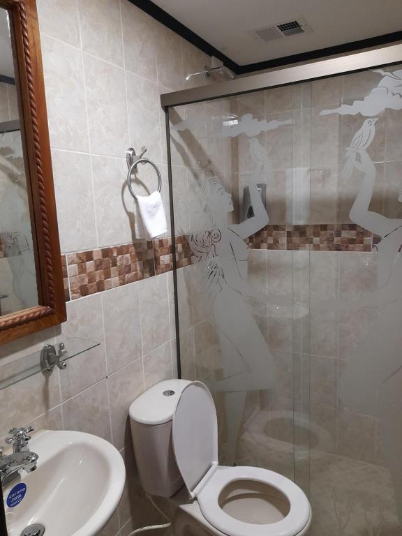 y baño con aseo, lavabo y ducha. en HOTEL PARADISE RIONEGRO en Rionegro