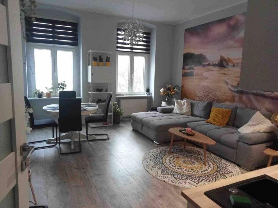 a living room with a couch and a table at Odra River Condo in Szczecin