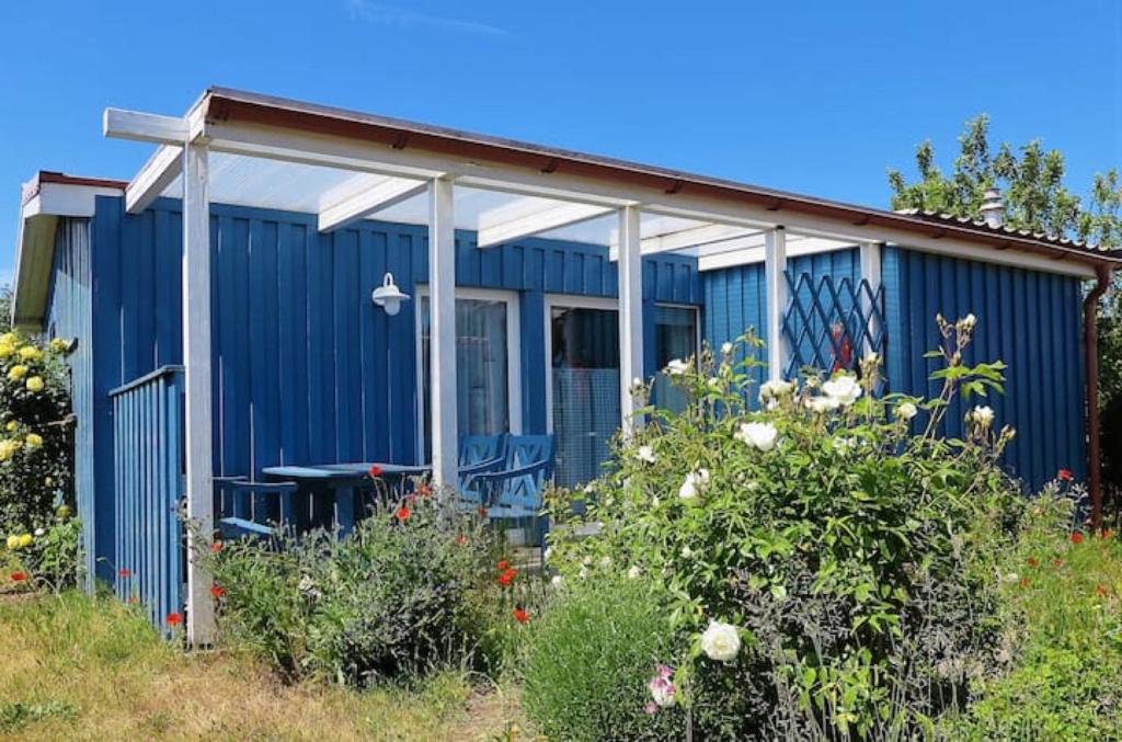 Ce cottage bleu dispose d'un jardin avec une table et des chaises. dans l'établissement Möve Aba Bungalow 66, à Rerik