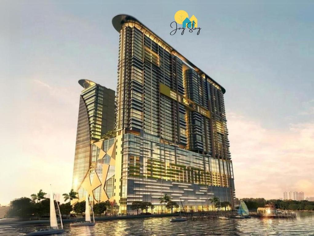 a rendering of a tall building next to the water at SilverScape Residence I Luxury 2-4 BR I 6-11 pax I Bathtub I Seaview I Infinity Pool I Jonker St I City Centre by Jay Stay Management in Melaka