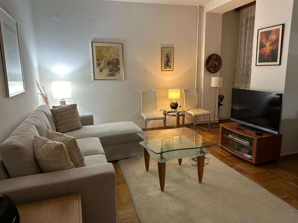 een woonkamer met een bank en een televisie bij SkopjePad - Centrally Located, Stylish Pad in Skopje