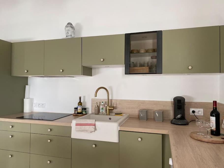 a kitchen with green cabinets and a sink at Entre terre & mer in Bénesse-Maremne