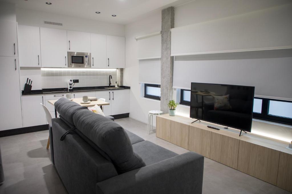 sala de estar con sofá y TV de pantalla plana en Ponteloft - Xeitoso, en Pontevedra