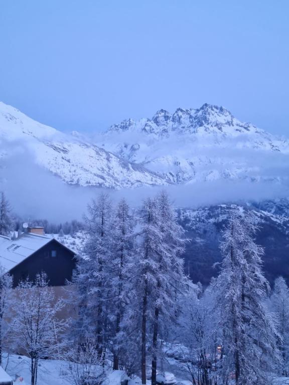 a snow covered mountain with trees and a house at APPARTEMENT T2 30m2 VUE EXCEPTIONNELLE PUY SAINT VINCENT AVEC PISCINE L'ETE in Puy-Saint-Vincent