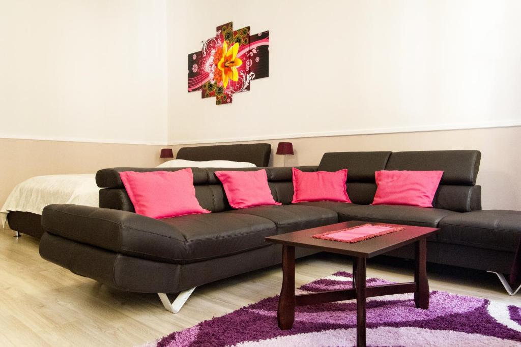 ブダペストにあるEötvös Apartmanのリビングルーム(黒いソファ、ピンクの枕付)