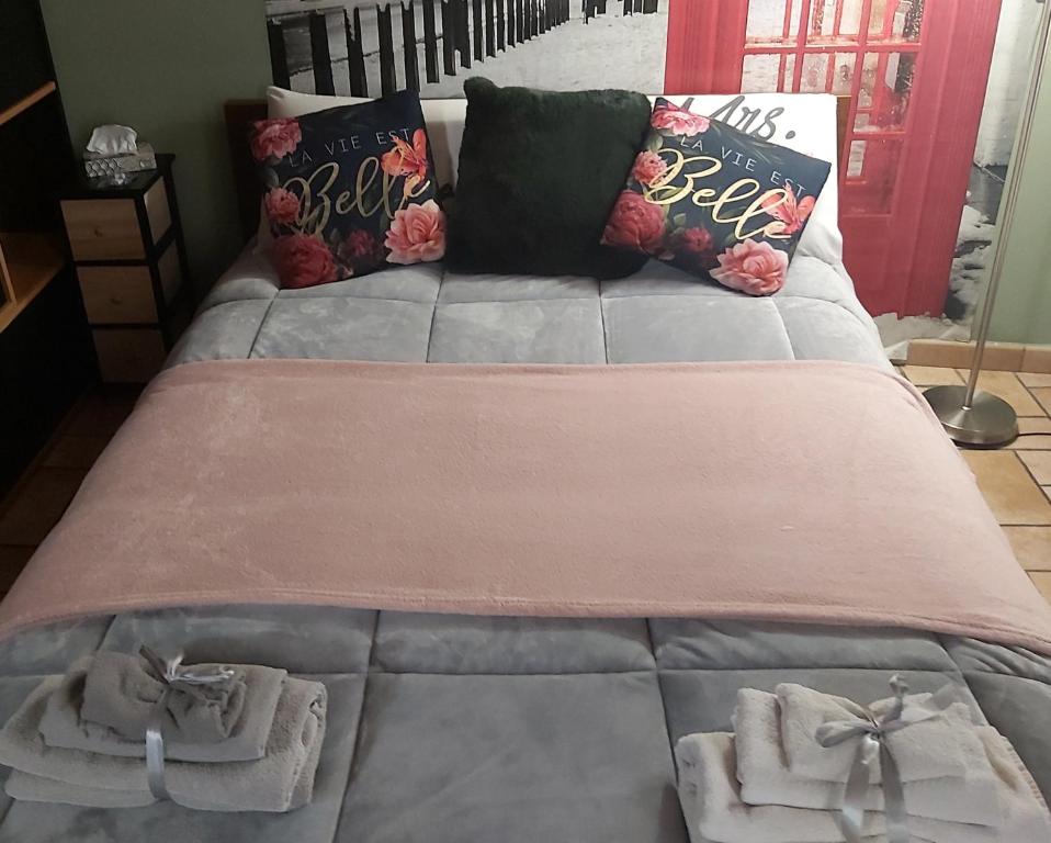 Cama con manta rosa y almohadas en Gagliaudo Loft, en Alessandria