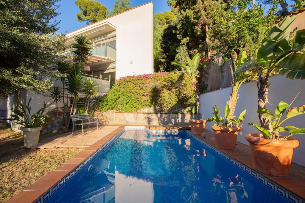 een zwembad voor een huis met planten bij Villa Paraíso in Castelldefels
