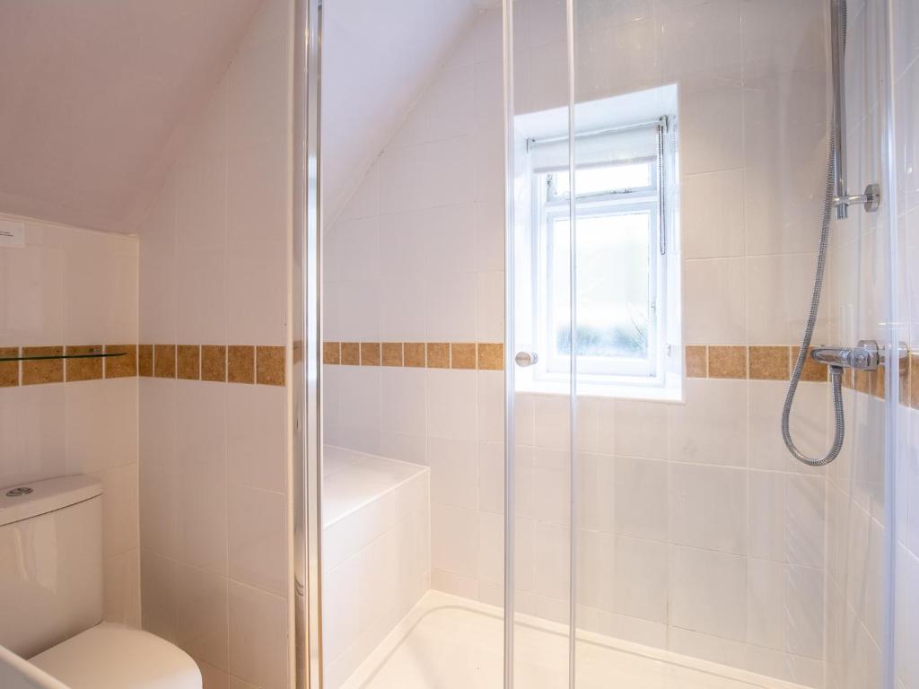 a bathroom with a shower and a toilet at Betty's Cottage in Burford