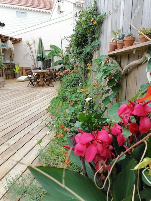 un jardin avec des fleurs roses sur une terrasse en bois dans l'établissement La Z family, logement vacances 5 couchages, centre ville et plage à pieds, à Lacanau