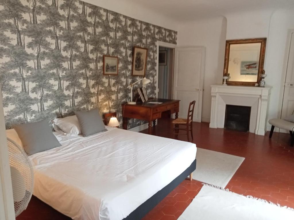a bedroom with a bed and a desk in it at Le Mas Palegry Chambres d'hôtes Perpignan in Perpignan