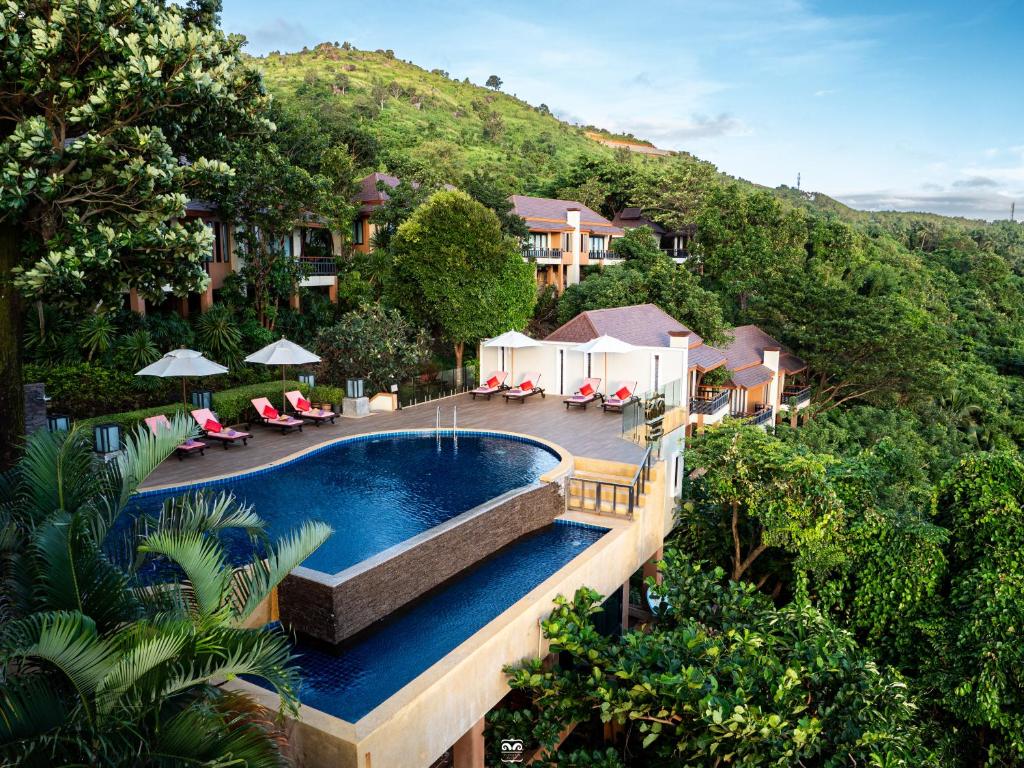 an aerial view of a resort with a swimming pool at Victoria Cliff Hotel & Resort, Kawthaung in Kawthaung