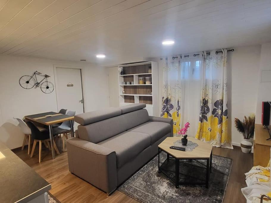 a living room with a couch and a table at Appartement 2 pièces près du lac de Bouzey in Sanchey