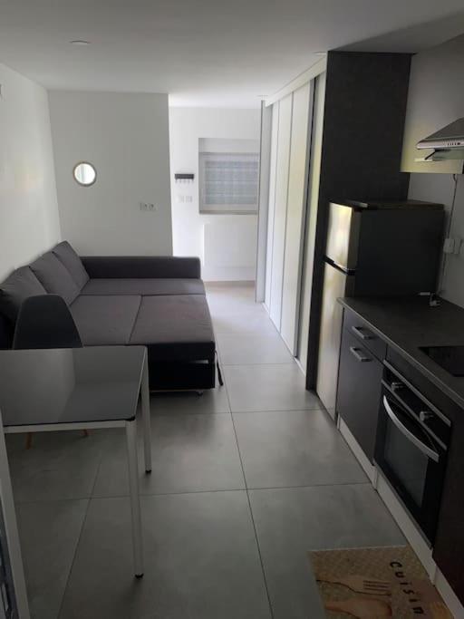 un petit salon avec un canapé et une cuisine dans l'établissement Studio moderne entièrement rénové., à Freistroff
