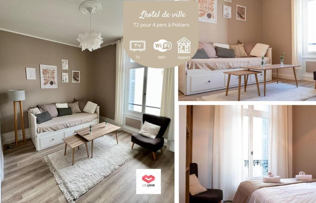 eine Collage mit Bildern eines Zimmers mit einem Schlafzimmer in der Unterkunft L'hôtel de ville - Joli petit T2 en centre-ville in Poitiers