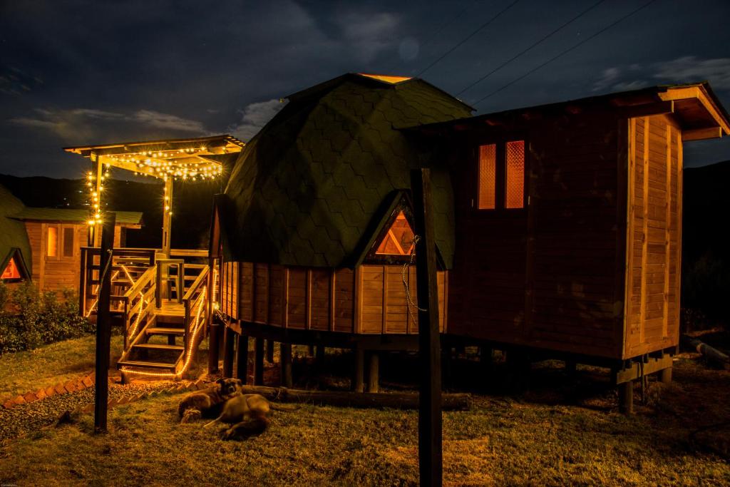 une petite maison avec quelques animaux qui se posent devant elle dans l'établissement Los Nopales Glamping, à Sáchica