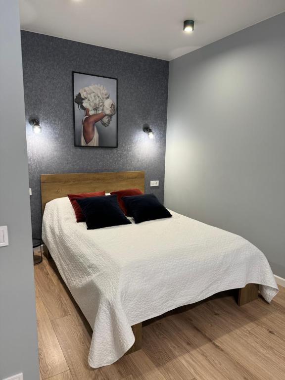 1 dormitorio con 1 cama grande con sábanas blancas y almohadas rojas en Стильна чудова квартира в місті Тернопіль en Ternopilʼ