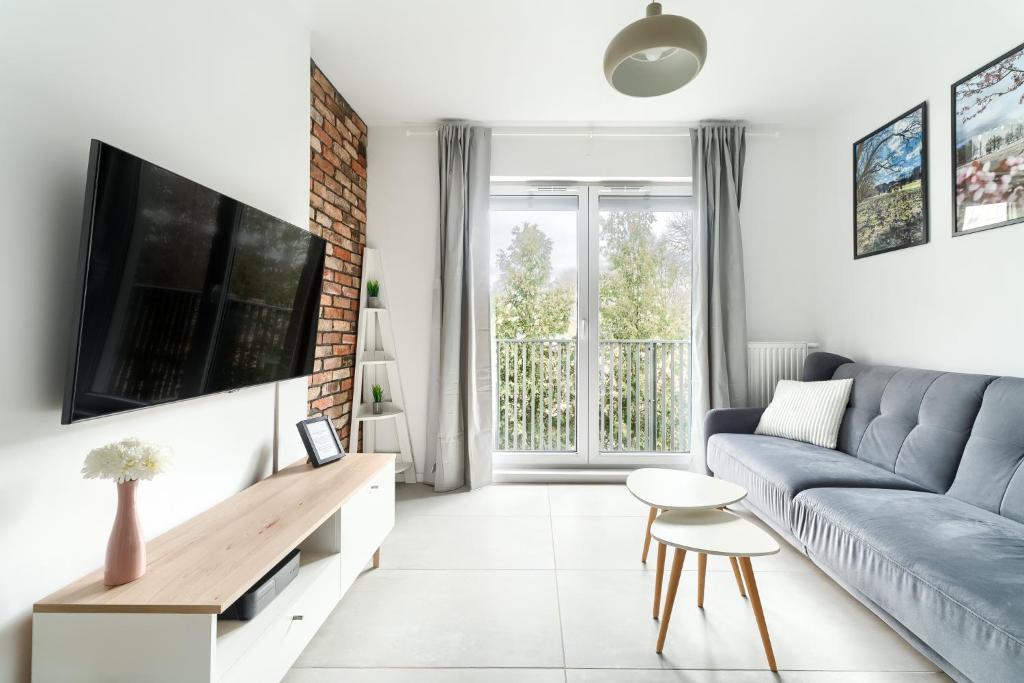 un soggiorno con divano e TV di Apartament Chopina - Unique Apartments a Stettino