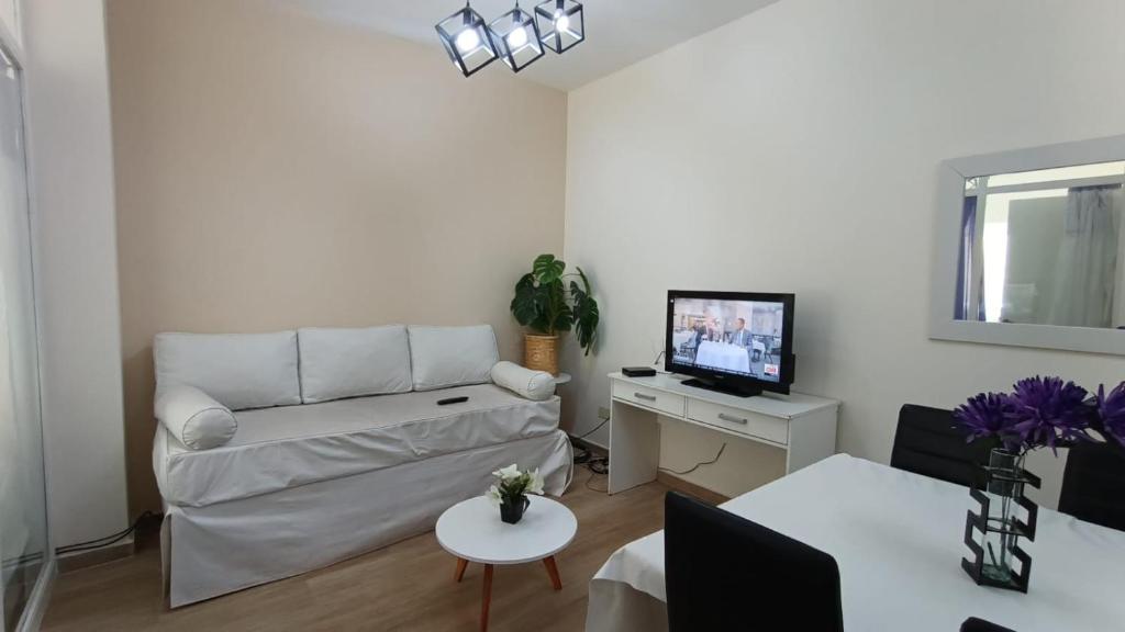 ein Wohnzimmer mit einem Sofa und einem TV in der Unterkunft Departamento 9 de Julio in Comodoro Rivadavia