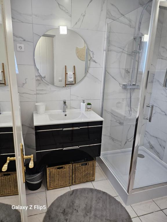 a bathroom with a sink and a shower with a mirror at VILLA Zara in Beauvais