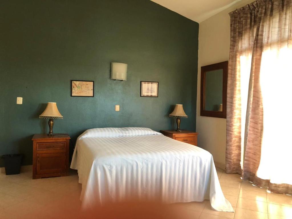 1 dormitorio con cama y pared verde en Delfin B&B en Cruz de Huanacaxtle