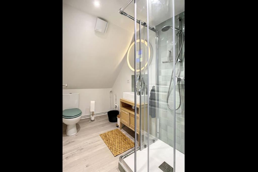 a bathroom with a shower and a toilet and a sink at “Chez Mily“ Joli petit duplex plein centre Villers Cotteret in Villers-Cotterêts
