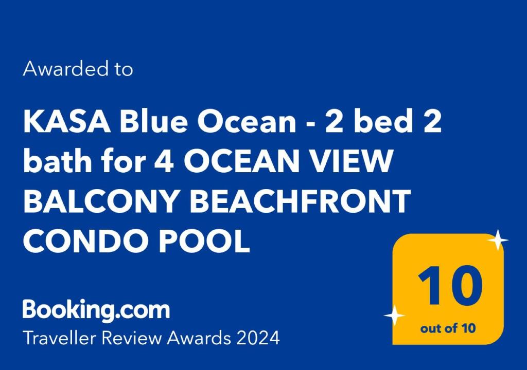 una schermata di un cellulare con le parole "kasana blu letto oceanico" di KASA Blue Ocean - 2 bed 2 bath for 4 OCEAN VIEW BALCONY BEACHFRONT CONDO POOL a San Juan