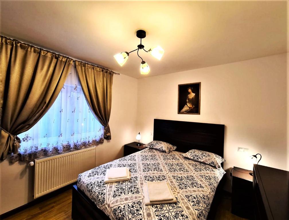 Schlafzimmer mit einem Bett und einem Fenster in der Unterkunft Apartament Giulio in Sibiu