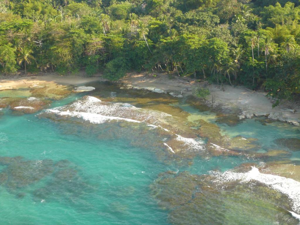 an aerial view of a river with blue water at Tree House Beachfront Lodge in Puerto Viejo