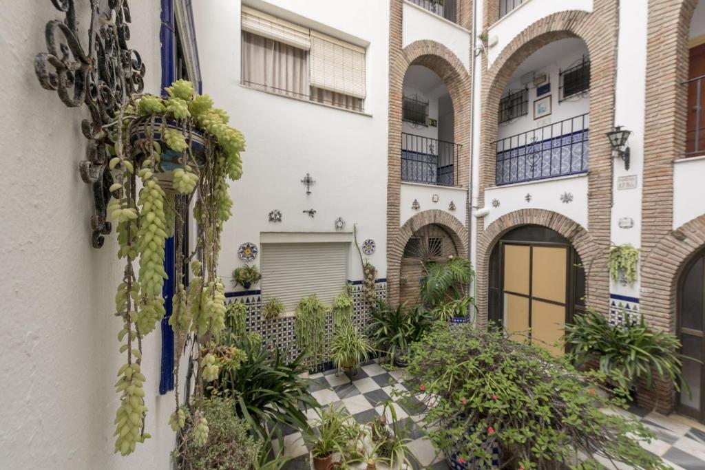 einem externen Blick auf ein Gebäude mit Pflanzen und einem Innenhof in der Unterkunft Hotel San Andres in Jerez de la Frontera