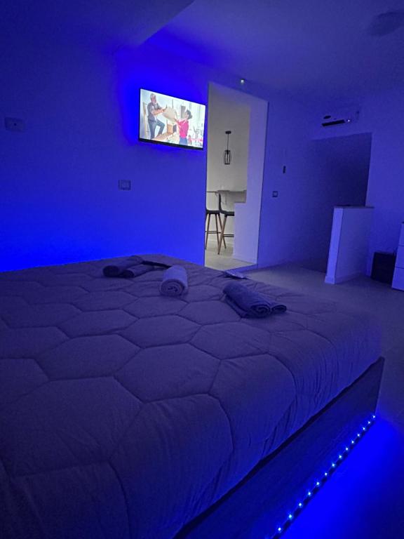 een slaapkamer met een groot bed in een blauwe kamer bij Il piacere appartaments in Caltagirone