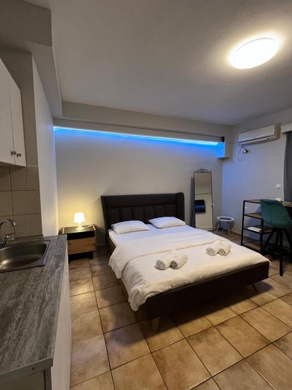 a bedroom with a bed and a kitchen with a sink at Larisa City Ap 5 with parking in Larisa